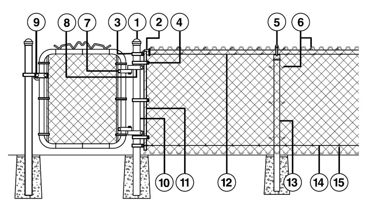 Square Posts Chain Link Fence Fittings Diagram with Numbered Parts